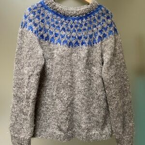 Handknit Icelandic gray and cobalt blue wool sweater